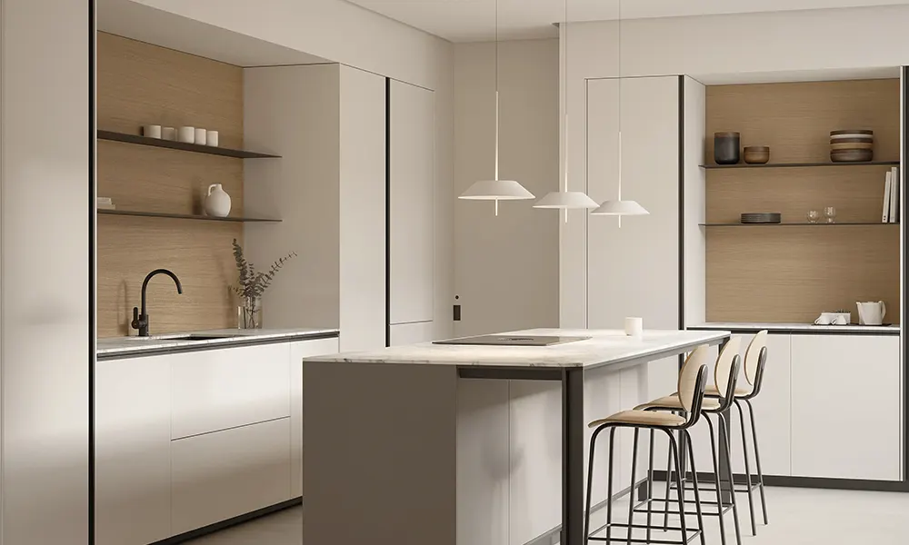 Esteve Estudi Sabadell. Vista de una cocina moderna acabada en marfil.